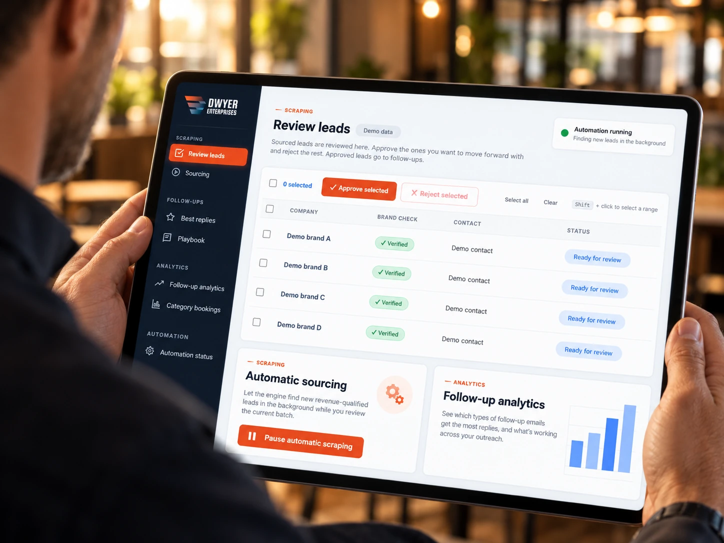 Dwyer Enterprises lead review application on a tablet, showing fictional demo data and automation controls